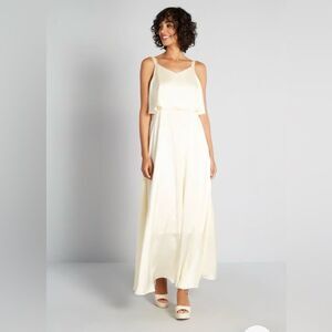 Modcloth Molly Bracken My New Chapter Maxi Dress Cream White Overlay Tie Bow Bac